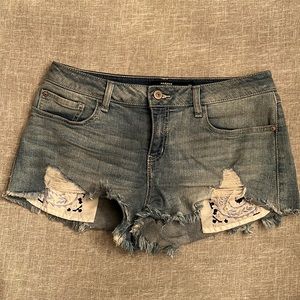 Harper Distressed Light Blue Denim Jean Shorts with Bandana Patch
